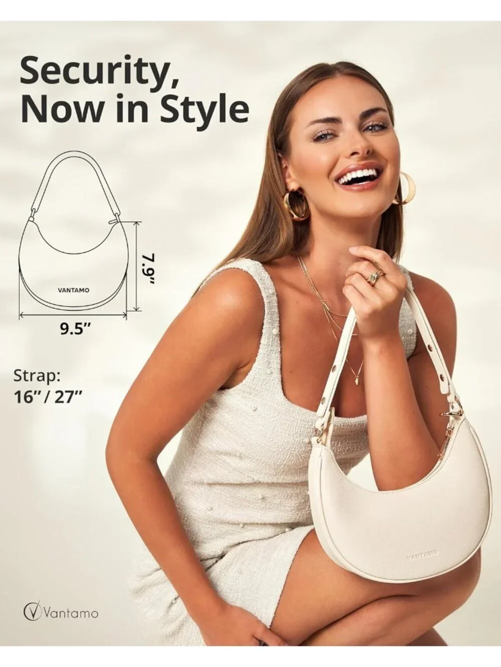Vantamo Women's Bag White Half Moon Clutch with Anti-Theft Clip for Extra Safety